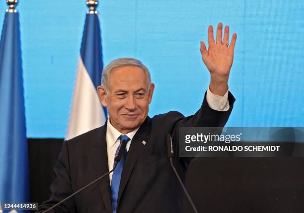Israel's ex-premier and leader of the Likud party Benjamin Netanyahu addresses supporters at campaign headquarters in Jerusalem early on November 2...