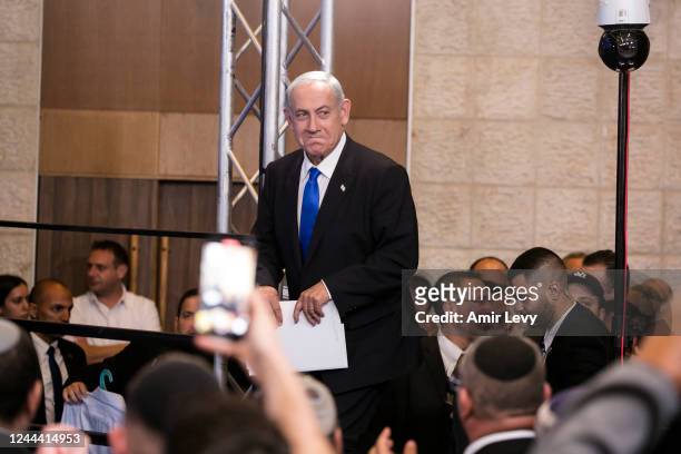 Former Israeli Prime Minister and Likud party leader Benjamin Netanyahu enters an election night event for the Likud party on November 1, 2022 in...