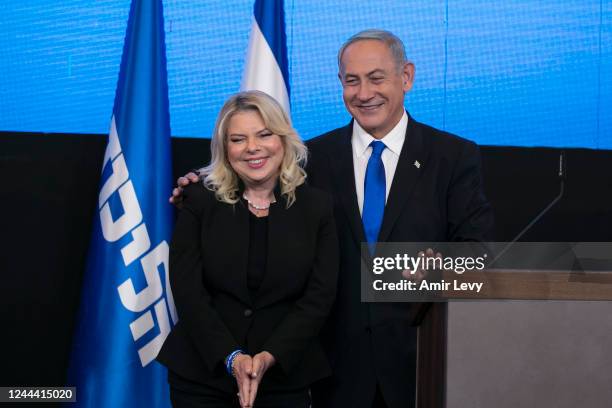 Former Israeli Prime Minister Benjamin Netanyahu and his wife Sara Netanyahu greet supporters at an election-night event on November 1, 2022 in...
