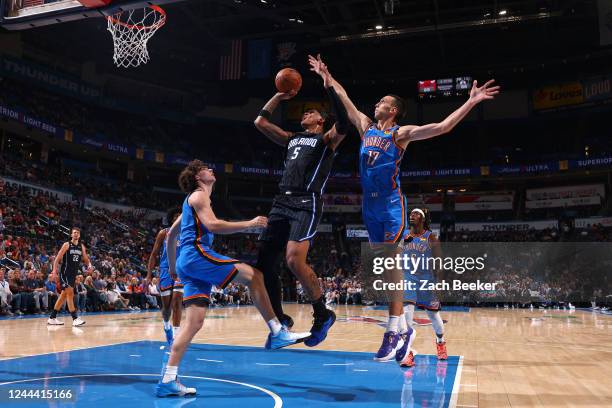 Paolo Banchero of the Orlando Magic shoots the ball during the game against the Oklahoma City Thunder on November 1, 2022 at Paycom Arena in Oklahoma...