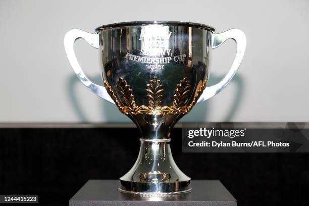 The Premiership Cup is seen during the 2022 AFLW S7 Finals Launch Media Opportunity at AFL House on November 02, 2022 in Melbourne, Australia.