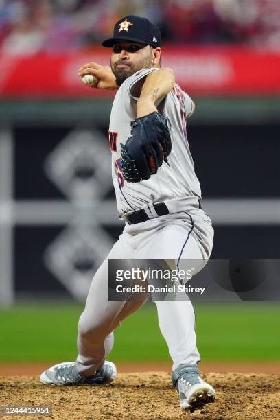 José Urquidy of the Houston Astros pitches in the sixth inning during Game 3 of the 2022 World Series between the Houston Astros and the Philadelphia...