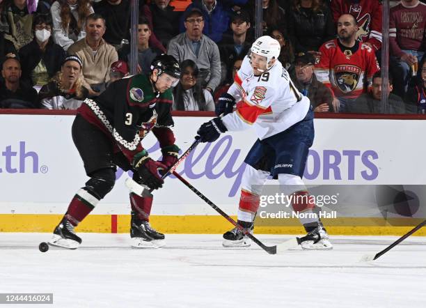 Matthew Tkachuk of the Florida Panthers makes a pass while being defended by Josh Brown of the Arizona Coyotes during the first period at Mullett...