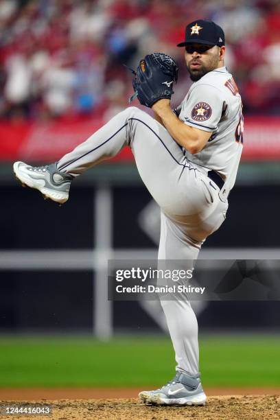 José Urquidy of the Houston Astros pitches in the sixth inning during Game 3 of the 2022 World Series between the Houston Astros and the Philadelphia...