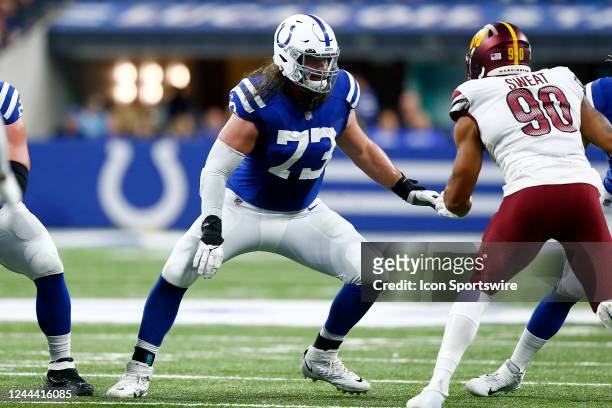 Indianapolis Colts offensive tackle Dennis Kelly in action during an NFL game between the Washington Commanders and the Indianapolis Colts on October...