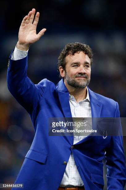 Former Indianapolis Colts Center Jeff Saturday and Colts Ring of Honor member during an NFL game between the Washington Commanders and the...