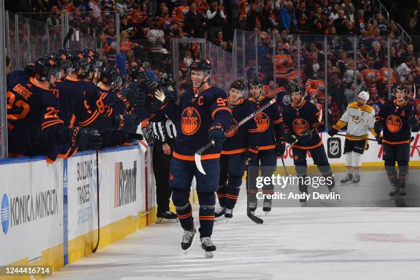 Connor McDavid of the Edmonton Oilers celebrates a goal against the Nashville Predators during the first period on November 01, 2022 at Rogers Place...