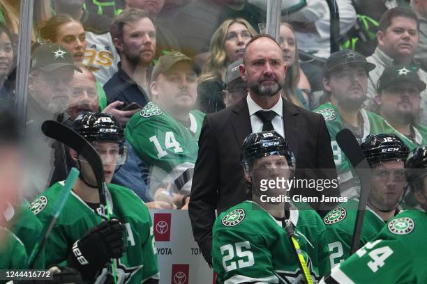 Pete DeBoer of the Dallas Stars watches the action from behind the bench against the Los Angeles Kings at the American Airlines Center on November 1,...