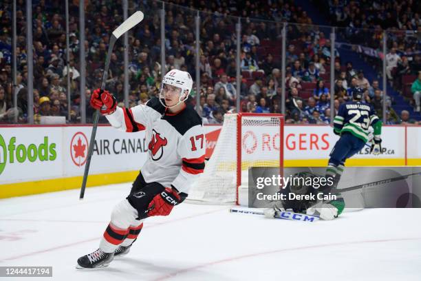 Yegor Sharangovich of the New Jersey Devils celebrates after scoring a goal against Thatcher Demko of the Vancouver Canucks during the second period...