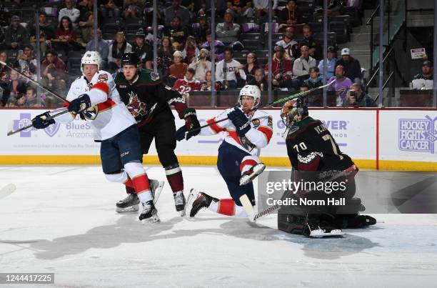 Karel Vejmelka of the Arizona Coyotes gets ready to make a save while Jusso Valimaki battles in front of the net with Patric Hornqvist and Eric Staal...