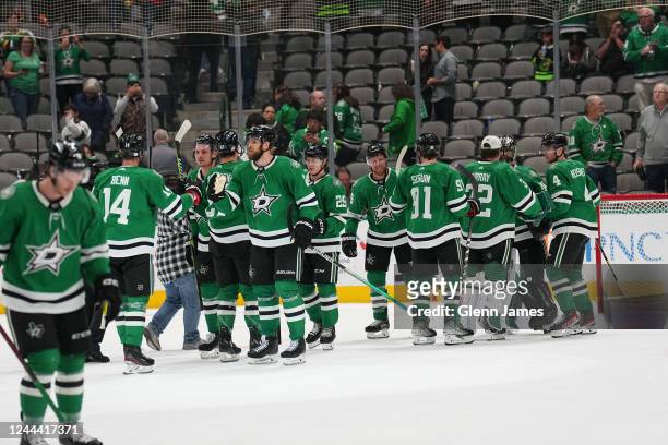 Scott Wedgewood of the Dallas Stars is congratulated on a win against the Los Angeles Kings at the American Airlines Center on November 1, 2022 in...