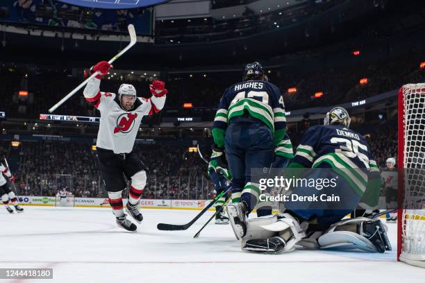 Miles Wood of the New Jersey Devils celebrates after a goal by Michael McLeod on Thatcher Demko of the Vancouver Canucks of their NHL game at Rogers...