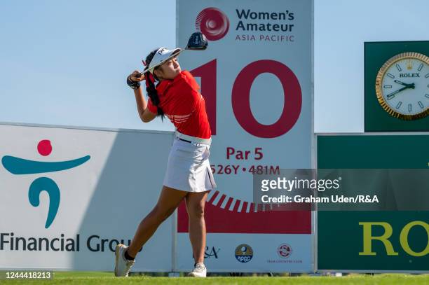 Arianna Lau of Hong Kong tees off during a practice round prior to the Women's Amateur Asia-Pacific Championship at Siam Country Club on November 02,...