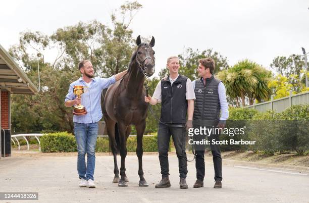 Trainers Ciaron Maher and David Eustace pose with strapper Mitch Conners and Melbourne Cup Winner Gold Trip at Cranbourne Racecourse on November 02,...