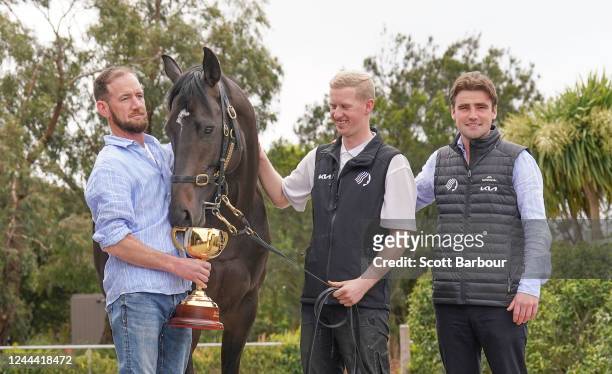 Trainers Ciaron Maher and David Eustace pose with strapper Mitch Conners and Melbourne Cup Winner Gold Trip at Cranbourne Racecourse on November 02,...