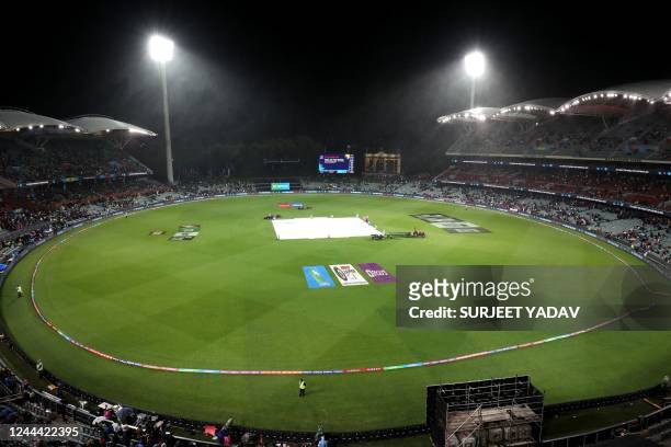 General view of Adelaide Oval as rain delays the play during the ICC men's Twenty20 World Cup 2022 cricket match between India and Bangladesh on...