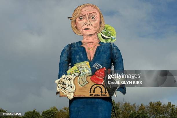 The Edenbridge Bonfire Society's 2022 'Celebrity Guy', former British prime minister Liz Truss, created by artist Andrea Deans, is pictured during...