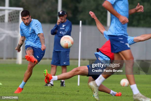 Mattia Zaccagni of SS Lazio in action during the SS Lazio training session at Formello sport centre on November 2, 2022 in Rome, Italy.