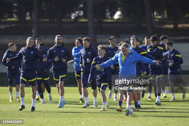 Serdar Dursun and Miguel Crespo of Fenerbahce attend a training session ahead of the UEFA Europa League, Group B soccer match between Dynamo Kyiv and...