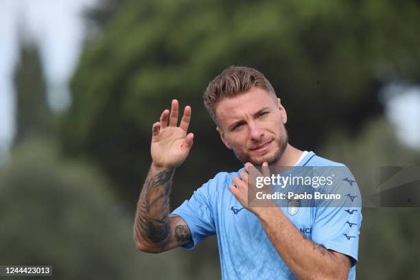 Ciro Immobile of SS Lazio reacts during the SS Lazio training session at Formello sport centre on November 2, 2022 in Rome, Italy.