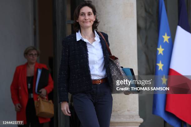 French Sports Minister Amelie Oudea-Castera walks after taking part in the weekly cabinet meeting at The Elysee Presidential Palace in Paris on...