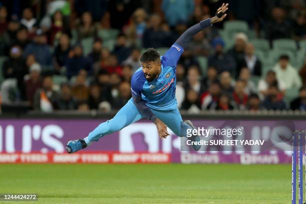 India's Hardik Pandya bowls during the ICC men's Twenty20 World Cup 2022 cricket match between India and Bangladesh on November 2, 2022 in Adelaide....