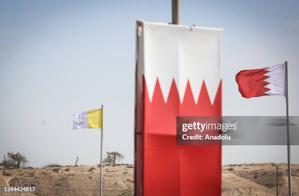 The surroundings of Cathedral "Our Lady of Arabia" is being prepared with the flags for the visit of Pope Francis to attend Bahrain Forum for...