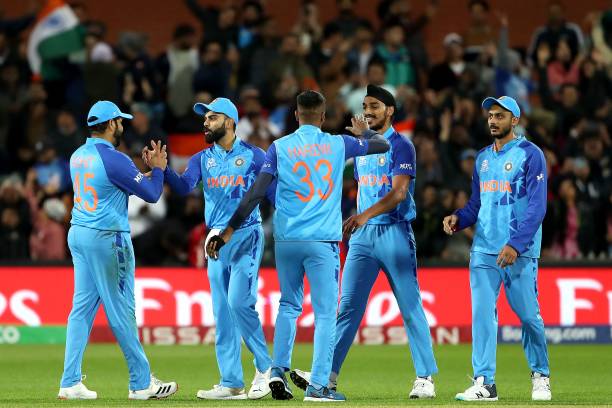Team India celebrate their win during the ICC men's Twenty20 World Cup 2022 cricket match between India and Bangladesh on November 2, 2022 in...