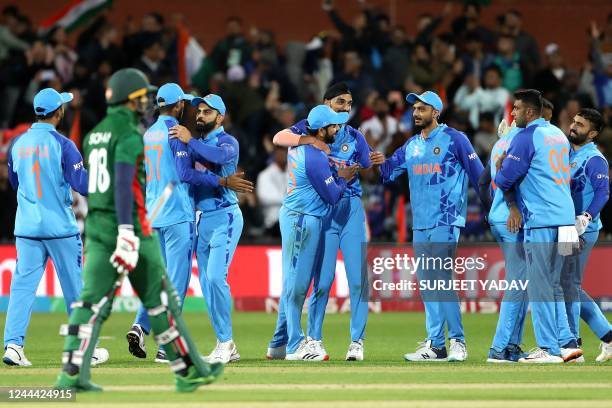 Team India celebrate their win during the ICC men's Twenty20 World Cup 2022 cricket match between India and Bangladesh on November 2, 2022 in...