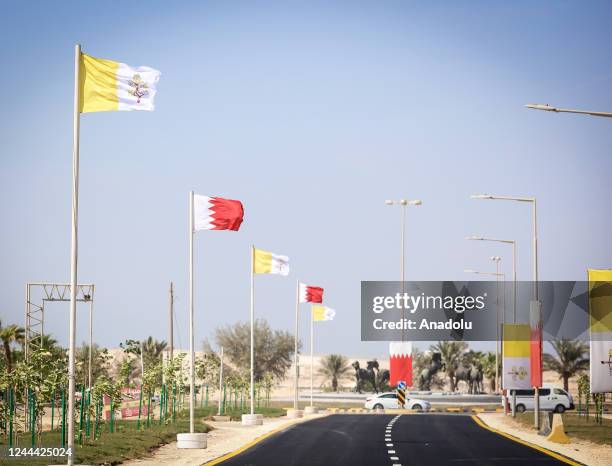 The surroundings of Cathedral "Our Lady of Arabia" is being prepared with the flags for the visit of Pope Francis to attend Bahrain Forum for...