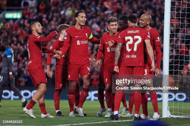 Thiago Alcantara of Liverpool , Virgil van Dijk of Liverpool , Roberto Firmino of Liverpool and Fabinho of Liverpool celebrate their 1st goal during...