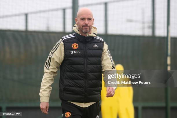 Manchester United Head Coach / Manager Erik ten Hag looks on during a Manchester United training session at Carrington Training Ground on November 2,...