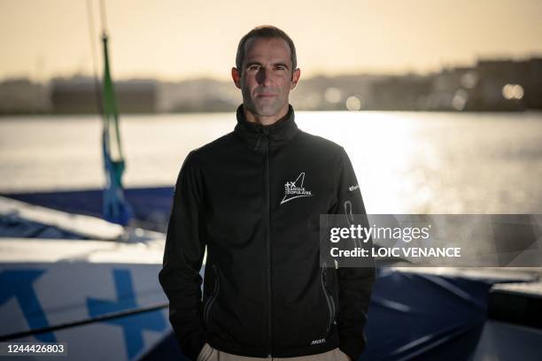 French skipper Armel Le Cleac'h poses onboard his Ultim multihull Banque Populaire at the 'Village de Saint-Malo', the starting point of the Route du...