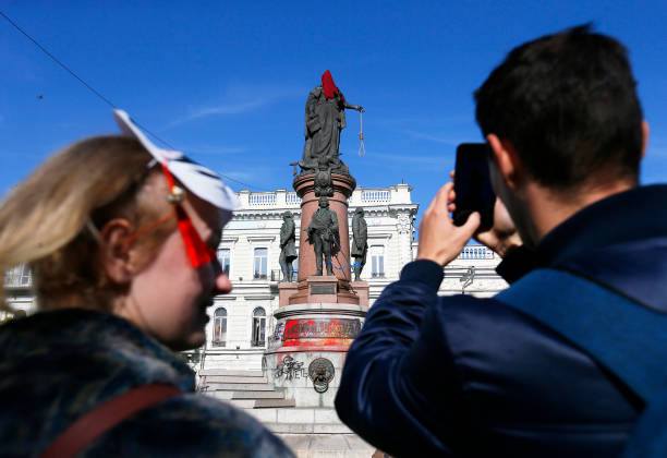 UKR: Ukrainian Activists Demand To Remove The Empress Of Russia Catherine The Great Monument In Odesa, Amid Russia's Invasion Of Ukraine