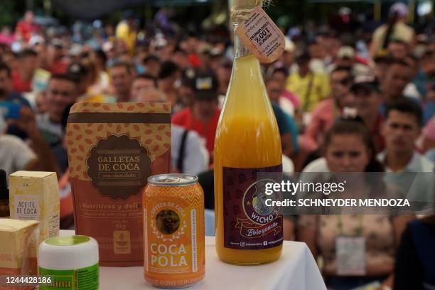 Different coca based products are seen while Colombian coca farmers attend the third regional meeting of peasant families that subsist from the coca...