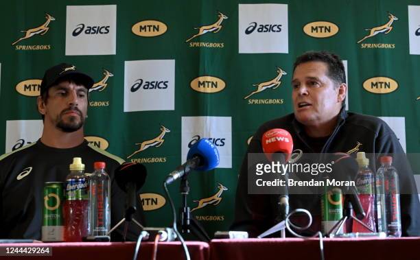 Dublin , Ireland - 2 November 2022; Eben Etzebeth, left, and director of rugby Rassie Erasmus during a South Africa rugby media conference at The...