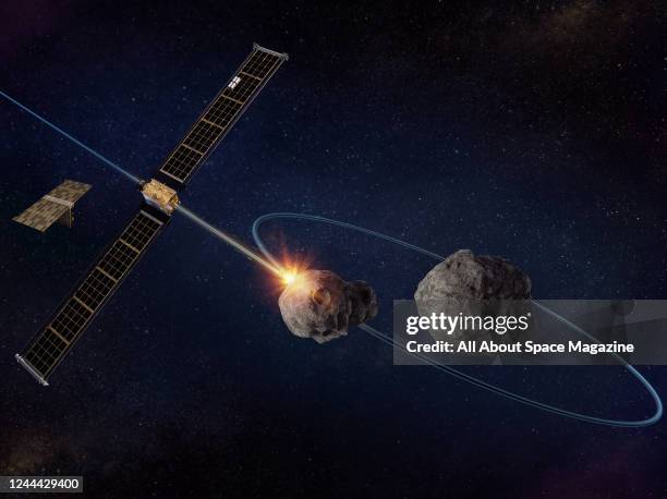 Artist rendering of the NASA Double Asteroid Redirection Test space probe approaching the asteroid Didymos and its minor-planet-moon Dimorphos. The...