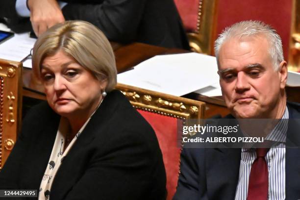 Italy's Minister of Labour and Social Policies Marina Elvira Calderone and Italy's Minister of Public Administration, Paolo Zangrillo attend a...