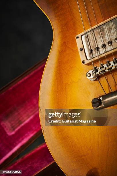 Detail of the Sunburst finish on a vintage 1960 Gibson Les Paul Standard electric guitar, taken on November 26, 2020.