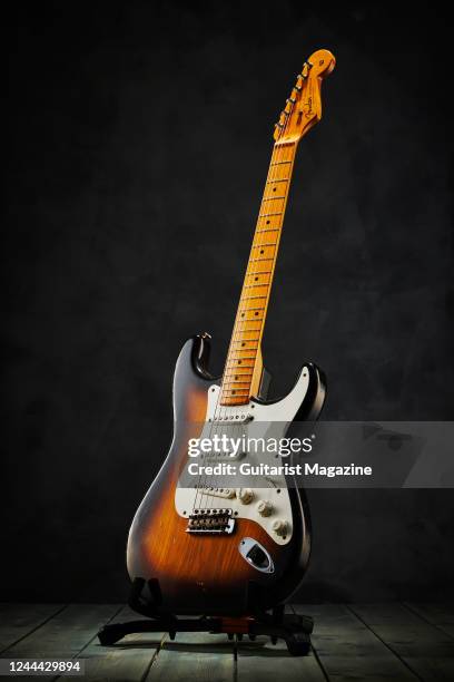 Vintage 1954 Fender Stratocaster electric guitar, previously owned by English musician and The Who bassist John Entwistle, taken on November 26, 2020.