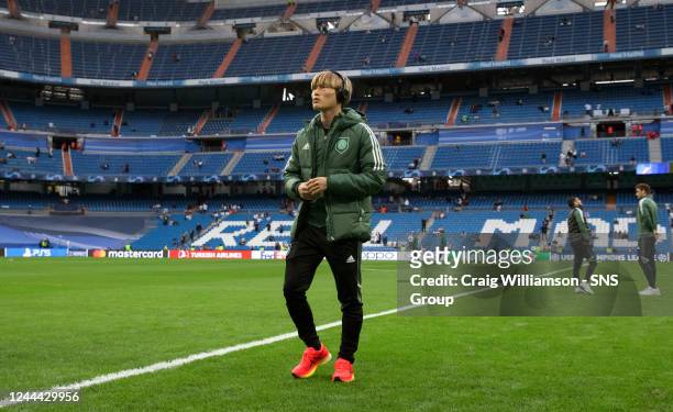Kyogo Furuhashi during a UEFA Champions League match between Real Madrid and Celtic at the Santiago Bernabeu, on November 2 in Madrid, Spain.