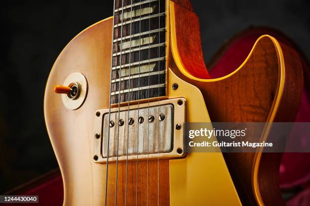 Detail of the neck humbucker on a vintage 1960 Gibson Les Paul Standard electric guitar, taken on November 26, 2020.