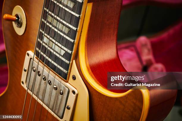 Detail of the cutaway on a vintage 1960 Gibson Les Paul Standard electric guitar, taken on November 26, 2020.