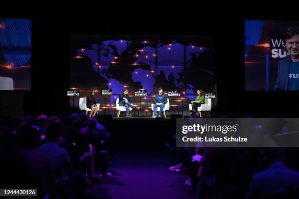 Lisbon , Portugal - 2 November 2022; Speakers, from left, Mariana Vasconcelos, Founder & CEO, Agrosmart; Jean Sigrist, Co-founder & Chairman, Neon;...