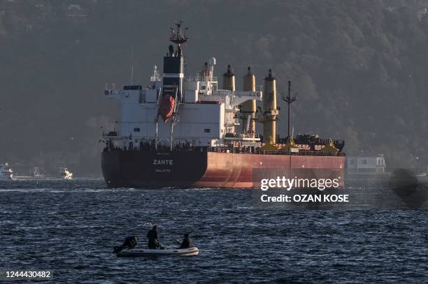 Zante, a cargo vessel carrying Ukrainian grain, sails on Bosphorus to Marmara sea, in Istanbul, on November 2, 2022. - President Recep Tayyip Erdogan...