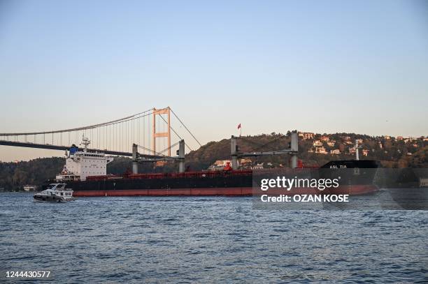 Asl Tia, a cargo vessel carrying Ukrainian grain, sails under Fatih Mehmet Sultan bridge on Bosphorus to Marmara sea, in Istanbul, on November 2,...