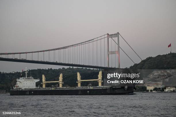 Kavo Perdika, a cargo vessel carrying Ukrainian grain, sails under Fatih Sultan Mehmet Bridge on Bosphorus to Marmara sea, in Istanbul, on November...