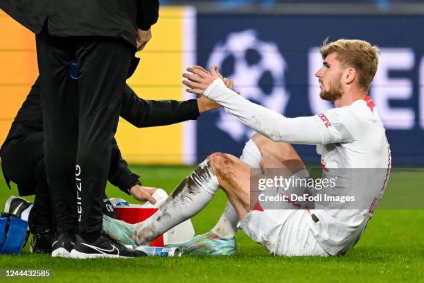 Timo Werner of RB Leipzig injured during the UEFA Champions League group F match between Shakhtar Donetsk and RB Leipzig at The Marshall Jozef...