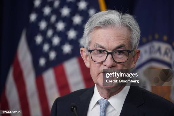 Jerome Powell, chairman of the US Federal Reserve, speaks during a news conference following a Federal Open Market Committee meeting in Washington,...