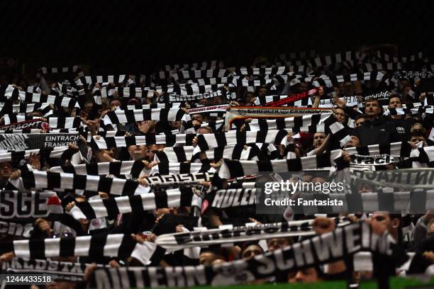 The Fans of Eintracht Frankfurt celebrates the win after the match in the UEFA Champions League Group D between Sporting CP and Eintracht Frankfurt...